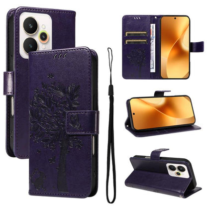 Tree & Cat Embossed Pattern Flip Leather Phone Case, For Realme 15 5G, For Realme 14x 5G Global, For Realme C65 4G