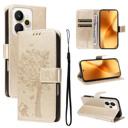 Tree & Cat Embossed Pattern Flip Leather Phone Case, For Realme 16T 5G, For Realme 16 Pro+ 5G Global, For Realme 16 Pro 5G Global, For Realme C85 5G/15X 5G India, For Realme C85 Pro 4G, For Realme 15T 5G, For Realme C71 4G India, For Realme 15 5G