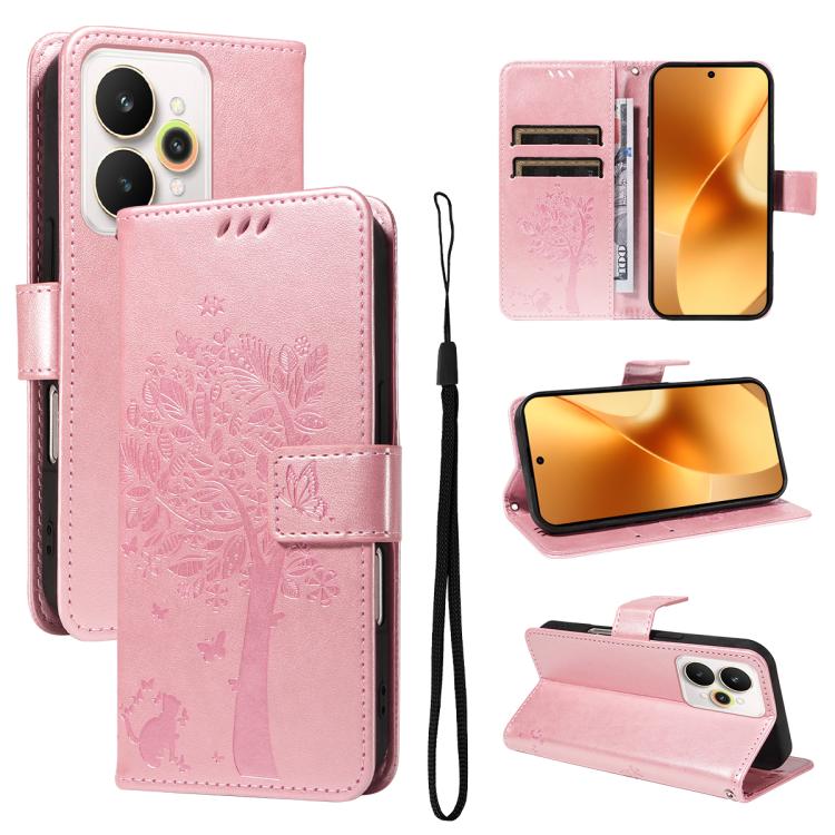 Tree & Cat Embossed Pattern Flip Leather Phone Case, For Realme 15 5G, For Realme 14x 5G Global, For Realme C65 4G