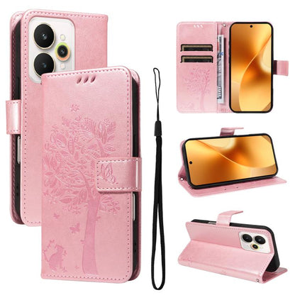 Tree & Cat Embossed Pattern Flip Leather Phone Case, For Realme 15 5G, For Realme 14x 5G Global, For Realme C65 4G