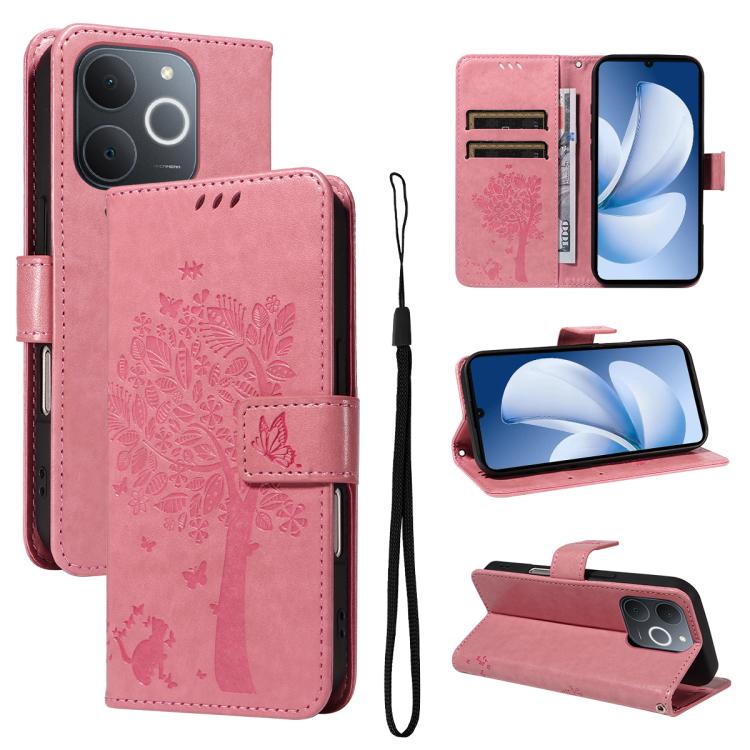 Tree & Cat Embossed Pattern Flip Leather Phone Case, For Realme 16T 5G, For Realme 16 Pro+ 5G Global, For Realme 16 Pro 5G Global, For Realme C85 5G/15X 5G India, For Realme C85 Pro 4G, For Realme 15T 5G, For Realme C71 4G India, For Realme 15 5G
