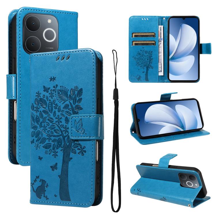 Tree & Cat Embossed Pattern Flip Leather Phone Case, For Realme 16T 5G, For Realme 16 Pro+ 5G Global, For Realme 16 Pro 5G Global, For Realme C85 5G/15X 5G India, For Realme C85 Pro 4G, For Realme 15T 5G, For Realme C71 4G India, For Realme 15 5G