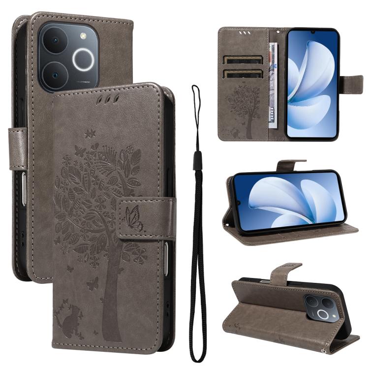 Tree & Cat Embossed Pattern Flip Leather Phone Case, For Realme 16T 5G, For Realme 16 Pro+ 5G Global, For Realme 16 Pro 5G Global, For Realme C85 5G/15X 5G India, For Realme C85 Pro 4G, For Realme 15T 5G, For Realme C71 4G India, For Realme 15 5G