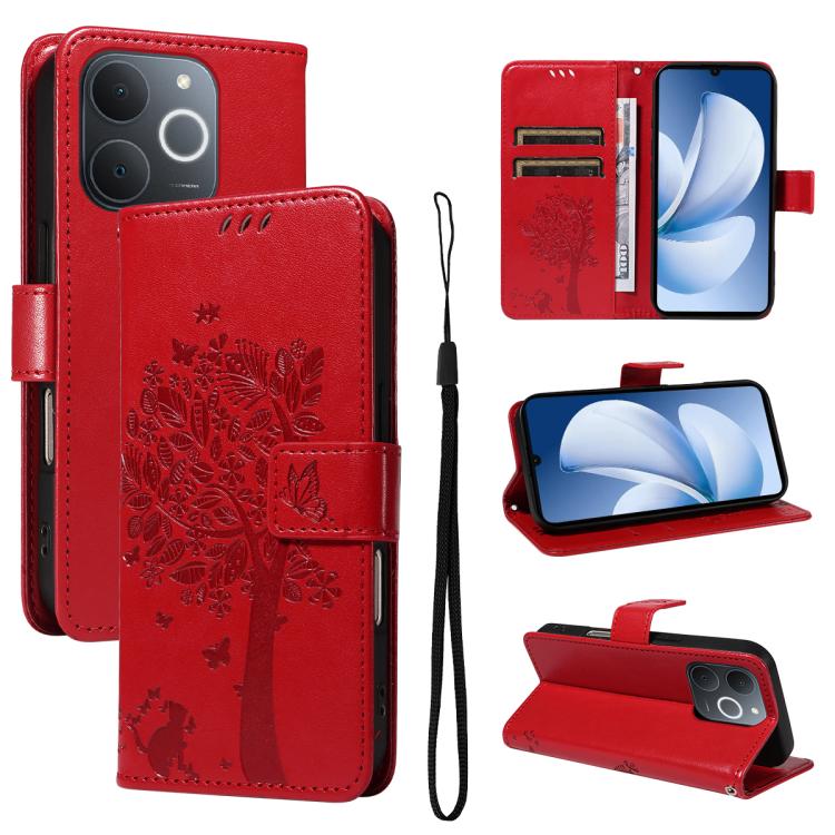 Tree & Cat Embossed Pattern Flip Leather Phone Case, For Realme 16T 5G, For Realme 16 Pro+ 5G Global, For Realme 16 Pro 5G Global, For Realme C85 5G/15X 5G India, For Realme C85 Pro 4G, For Realme 15T 5G, For Realme C71 4G India, For Realme 15 5G