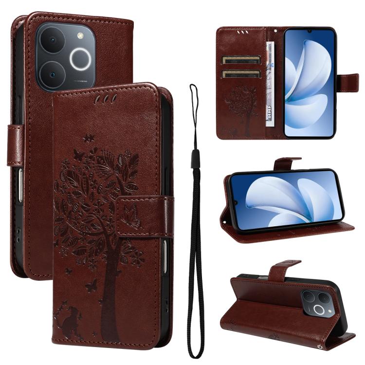 Tree & Cat Embossed Pattern Flip Leather Phone Case, For Realme 16T 5G, For Realme 16 Pro+ 5G Global, For Realme 16 Pro 5G Global, For Realme C85 5G/15X 5G India, For Realme C85 Pro 4G, For Realme 15T 5G, For Realme C71 4G India, For Realme 15 5G