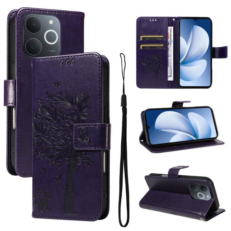 Tree & Cat Embossed Pattern Flip Leather Phone Case, For Realme 16T 5G, For Realme 16 Pro+ 5G Global, For Realme 16 Pro 5G Global, For Realme C85 5G/15X 5G India, For Realme C85 Pro 4G, For Realme 15T 5G, For Realme C71 4G India, For Realme 15 5G