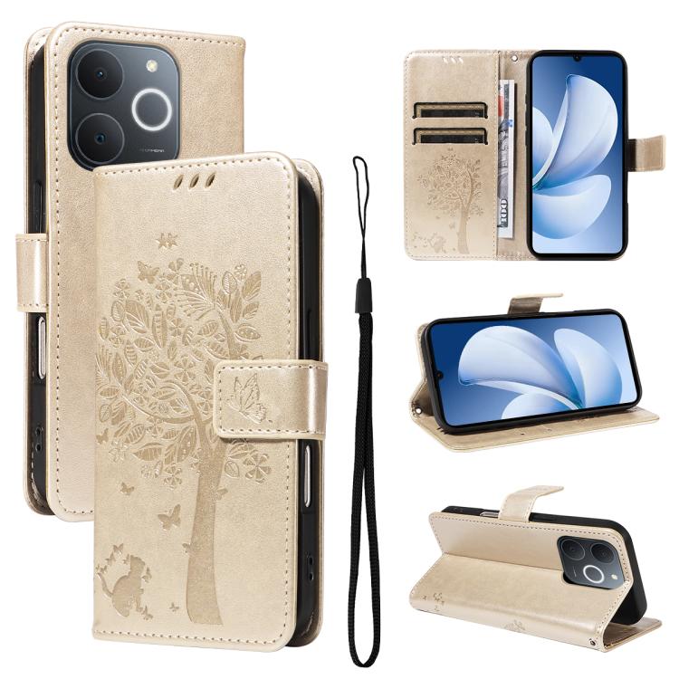 Tree & Cat Embossed Pattern Flip Leather Phone Case, For Realme 16T 5G, For Realme 16 Pro+ 5G Global, For Realme 16 Pro 5G Global, For Realme C85 5G/15X 5G India, For Realme C85 Pro 4G, For Realme 15T 5G, For Realme C71 4G India, For Realme 15 5G