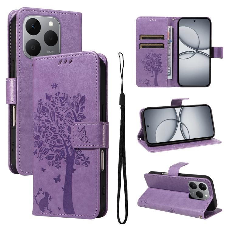 Tree & Cat Embossed Pattern Flip Leather Phone Case, For Realme 16T 5G, For Realme 16 Pro+ 5G Global, For Realme 16 Pro 5G Global, For Realme C85 5G/15X 5G India, For Realme C85 Pro 4G, For Realme 15T 5G, For Realme C71 4G India, For Realme 15 5G