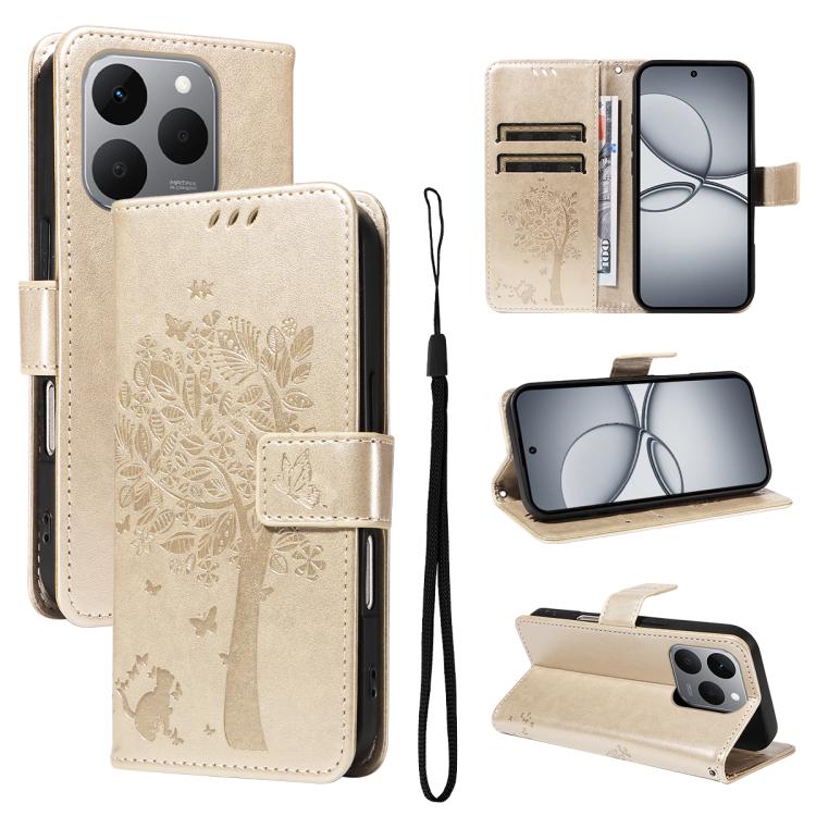 Tree & Cat Embossed Pattern Flip Leather Phone Case, For Realme 16T 5G, For Realme 16 Pro+ 5G Global, For Realme 16 Pro 5G Global, For Realme C85 5G/15X 5G India, For Realme C85 Pro 4G, For Realme 15T 5G, For Realme C71 4G India, For Realme 15 5G