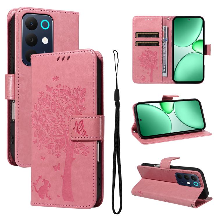 Tree & Cat Embossed Pattern Flip Leather Phone Case, For Realme 16T 5G, For Realme 16 Pro+ 5G Global, For Realme 16 Pro 5G Global, For Realme C85 5G/15X 5G India, For Realme C85 Pro 4G, For Realme 15T 5G, For Realme C71 4G India, For Realme 15 5G