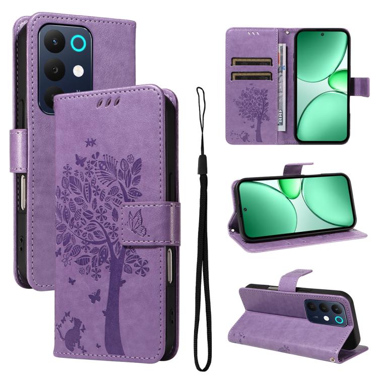 Tree & Cat Embossed Pattern Flip Leather Phone Case, For Realme 16T 5G, For Realme 16 Pro+ 5G Global, For Realme 16 Pro 5G Global, For Realme C85 5G/15X 5G India, For Realme C85 Pro 4G, For Realme 15T 5G, For Realme C71 4G India, For Realme 15 5G