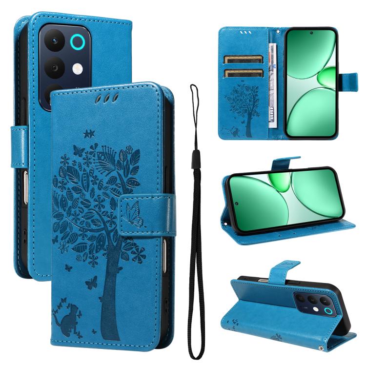 Tree & Cat Embossed Pattern Flip Leather Phone Case, For Realme 16T 5G, For Realme 16 Pro+ 5G Global, For Realme 16 Pro 5G Global, For Realme C85 5G/15X 5G India, For Realme C85 Pro 4G, For Realme 15T 5G, For Realme C71 4G India, For Realme 15 5G