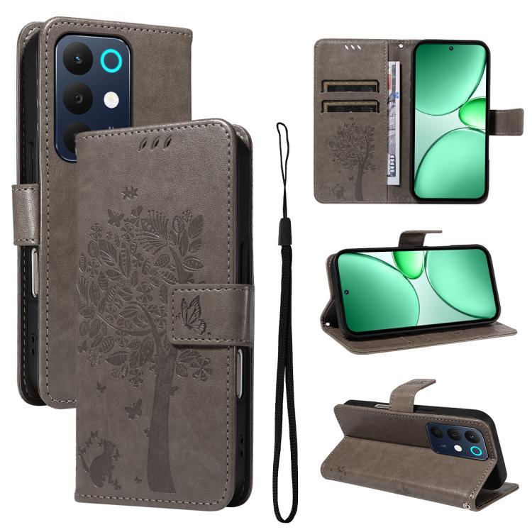 Tree & Cat Embossed Pattern Flip Leather Phone Case, For Realme 16T 5G, For Realme 16 Pro+ 5G Global, For Realme 16 Pro 5G Global, For Realme C85 5G/15X 5G India, For Realme C85 Pro 4G, For Realme 15T 5G, For Realme C71 4G India, For Realme 15 5G