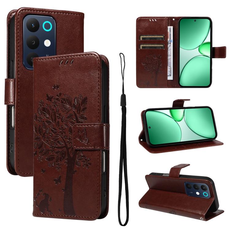 Tree & Cat Embossed Pattern Flip Leather Phone Case, For Realme 16T 5G, For Realme 16 Pro+ 5G Global, For Realme 16 Pro 5G Global, For Realme C85 5G/15X 5G India, For Realme C85 Pro 4G, For Realme 15T 5G, For Realme C71 4G India, For Realme 15 5G