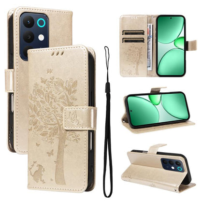 Tree & Cat Embossed Pattern Flip Leather Phone Case, For Realme 16T 5G, For Realme 16 Pro+ 5G Global, For Realme 16 Pro 5G Global, For Realme C85 5G/15X 5G India, For Realme C85 Pro 4G, For Realme 15T 5G, For Realme C71 4G India, For Realme 15 5G