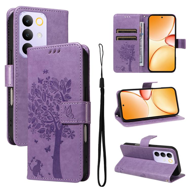 Tree & Cat Embossed Pattern Flip Leather Phone Case, For Realme 16T 5G, For Realme 16 Pro+ 5G Global, For Realme 16 Pro 5G Global, For Realme C85 5G/15X 5G India, For Realme C85 Pro 4G, For Realme 15T 5G, For Realme C71 4G India, For Realme 15 5G