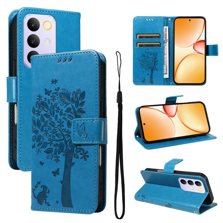 Tree & Cat Embossed Pattern Flip Leather Phone Case, For Realme 16T 5G, For Realme 16 Pro+ 5G Global, For Realme 16 Pro 5G Global, For Realme C85 5G/15X 5G India, For Realme C85 Pro 4G, For Realme 15T 5G, For Realme C71 4G India, For Realme 15 5G
