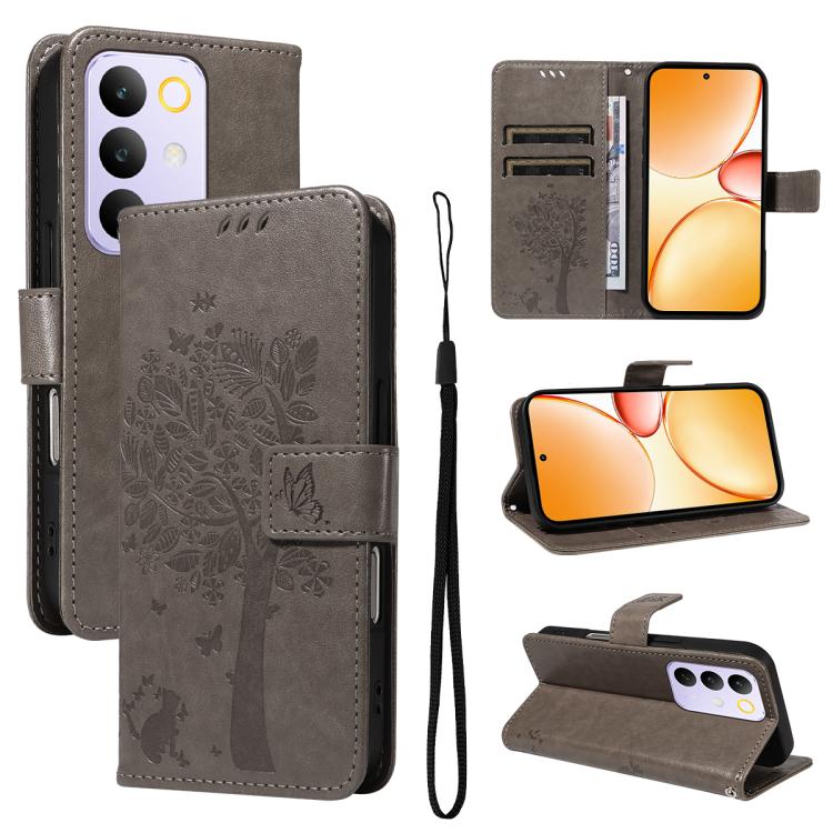 Tree & Cat Embossed Pattern Flip Leather Phone Case, For Realme 16T 5G, For Realme 16 Pro+ 5G Global, For Realme 16 Pro 5G Global, For Realme C85 5G/15X 5G India, For Realme C85 Pro 4G, For Realme 15T 5G, For Realme C71 4G India, For Realme 15 5G