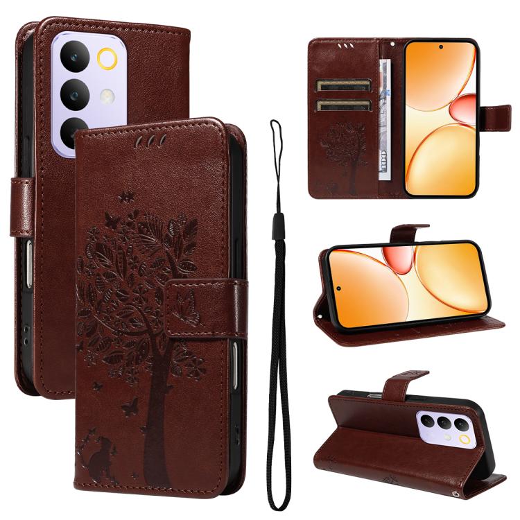 Tree & Cat Embossed Pattern Flip Leather Phone Case, For Realme 16T 5G, For Realme 16 Pro+ 5G Global, For Realme 16 Pro 5G Global, For Realme C85 5G/15X 5G India, For Realme C85 Pro 4G, For Realme 15T 5G, For Realme C71 4G India, For Realme 15 5G