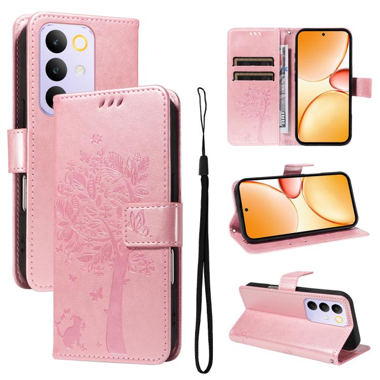 Tree & Cat Embossed Pattern Flip Leather Phone Case, For Realme 16T 5G, For Realme 16 Pro+ 5G Global, For Realme 16 Pro 5G Global, For Realme C85 5G/15X 5G India, For Realme C85 Pro 4G, For Realme 15T 5G, For Realme C71 4G India, For Realme 15 5G