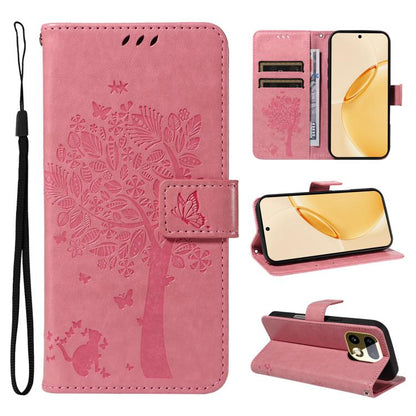 Tree & Cat Embossed Pattern Flip Leather Phone Case, For Realme 16T 5G, For Realme 16 Pro+ 5G Global, For Realme 16 Pro 5G Global, For Realme C85 5G/15X 5G India, For Realme C85 Pro 4G, For Realme 15T 5G, For Realme C71 4G India, For Realme 15 5G