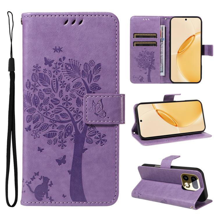 Tree & Cat Embossed Pattern Flip Leather Phone Case, For Realme 16T 5G, For Realme 16 Pro+ 5G Global, For Realme 16 Pro 5G Global, For Realme C85 5G/15X 5G India, For Realme C85 Pro 4G, For Realme 15T 5G, For Realme C71 4G India, For Realme 15 5G