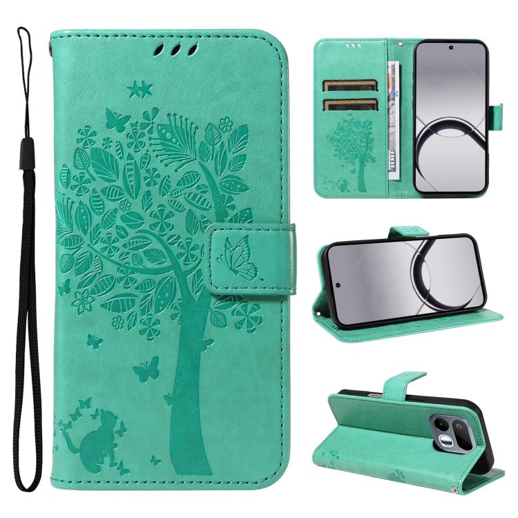 Tree & Cat Embossed Pattern Flip Leather Phone Case, For Realme 16T 5G, For Realme 16 Pro+ 5G Global, For Realme 16 Pro 5G Global, For Realme C85 5G/15X 5G India, For Realme C85 Pro 4G, For Realme 15T 5G, For Realme C71 4G India, For Realme 15 5G