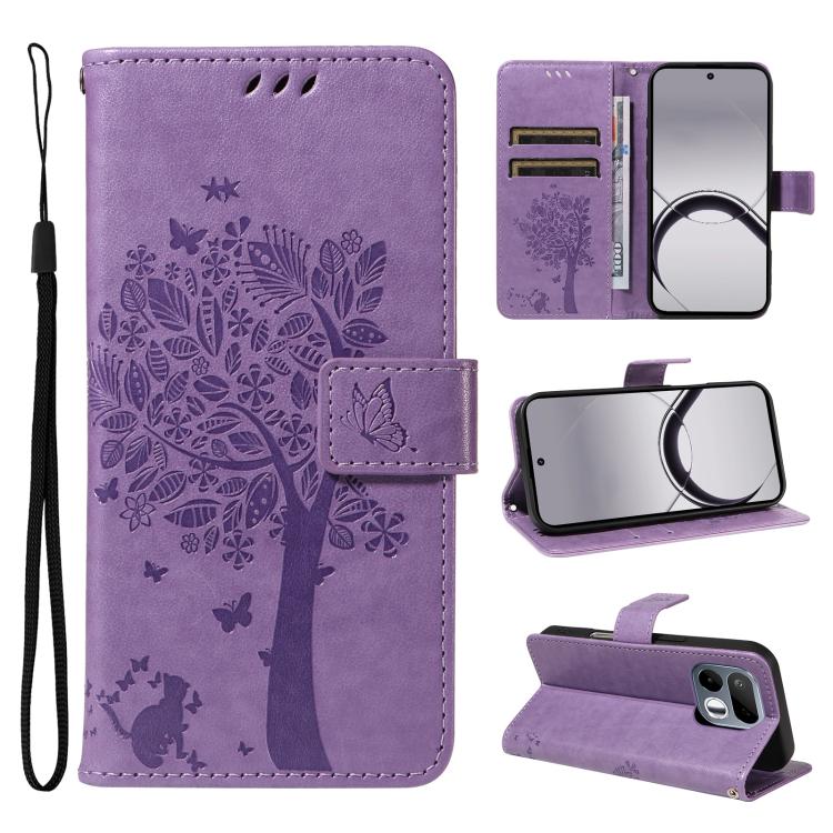 Tree & Cat Embossed Pattern Flip Leather Phone Case, For Realme 16T 5G, For Realme 16 Pro+ 5G Global, For Realme 16 Pro 5G Global, For Realme C85 5G/15X 5G India, For Realme C85 Pro 4G, For Realme 15T 5G, For Realme C71 4G India, For Realme 15 5G