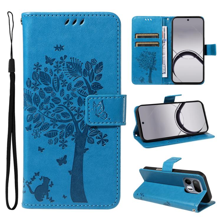 Tree & Cat Embossed Pattern Flip Leather Phone Case, For Realme 16T 5G, For Realme 16 Pro+ 5G Global, For Realme 16 Pro 5G Global, For Realme C85 5G/15X 5G India, For Realme C85 Pro 4G, For Realme 15T 5G, For Realme C71 4G India, For Realme 15 5G