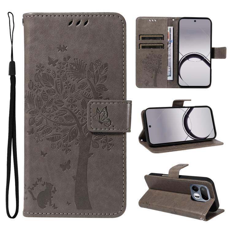 Tree & Cat Embossed Pattern Flip Leather Phone Case, For Realme 16T 5G, For Realme 16 Pro+ 5G Global, For Realme 16 Pro 5G Global, For Realme C85 5G/15X 5G India, For Realme C85 Pro 4G, For Realme 15T 5G, For Realme C71 4G India, For Realme 15 5G