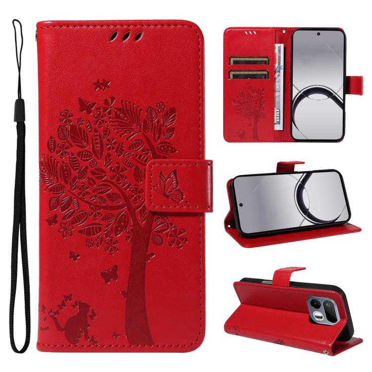 Tree & Cat Embossed Pattern Flip Leather Phone Case, For Realme 16T 5G, For Realme 16 Pro+ 5G Global, For Realme 16 Pro 5G Global, For Realme C85 5G/15X 5G India, For Realme C85 Pro 4G, For Realme 15T 5G, For Realme C71 4G India, For Realme 15 5G
