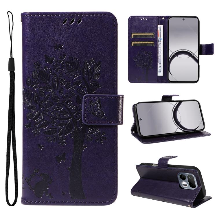 Tree & Cat Embossed Pattern Flip Leather Phone Case, For Realme 16T 5G, For Realme 16 Pro+ 5G Global, For Realme 16 Pro 5G Global, For Realme C85 5G/15X 5G India, For Realme C85 Pro 4G, For Realme 15T 5G, For Realme C71 4G India, For Realme 15 5G