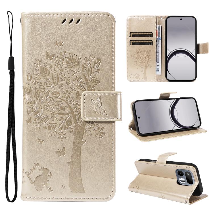 Tree & Cat Embossed Pattern Flip Leather Phone Case, For Realme 16T 5G, For Realme 16 Pro+ 5G Global, For Realme 16 Pro 5G Global, For Realme C85 5G/15X 5G India, For Realme C85 Pro 4G, For Realme 15T 5G, For Realme C71 4G India, For Realme 15 5G