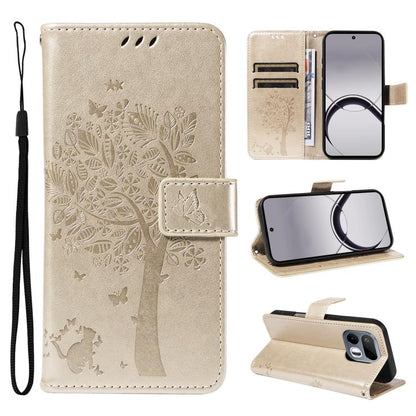 Tree & Cat Embossed Pattern Flip Leather Phone Case, For Realme 16T 5G, For Realme 16 Pro+ 5G Global, For Realme 16 Pro 5G Global, For Realme C85 5G/15X 5G India, For Realme C85 Pro 4G, For Realme 15T 5G, For Realme C71 4G India, For Realme 15 5G