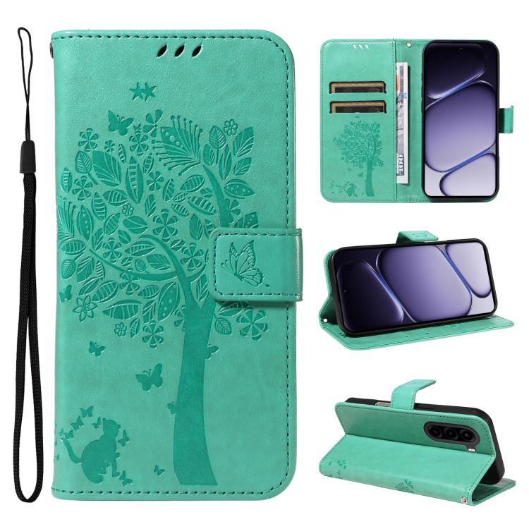 Tree & Cat Embossed Pattern Flip Leather Phone Case, For Realme 16T 5G, For Realme 16 Pro+ 5G Global, For Realme 16 Pro 5G Global, For Realme P4x 5G, For Realme C85 5G/15X 5G India, For Realme C85 Pro 4G, For Realme 15T 5G, For Realme C71 4G India