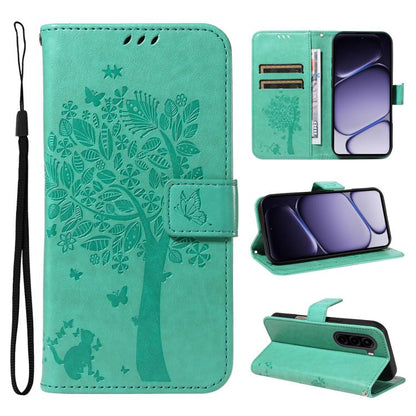 Tree & Cat Embossed Pattern Flip Leather Phone Case, For Realme 16T 5G, For Realme 16 Pro+ 5G Global, For Realme 16 Pro 5G Global, For Realme P4x 5G, For Realme C85 5G/15X 5G India, For Realme C85 Pro 4G, For Realme 15T 5G, For Realme C71 4G India