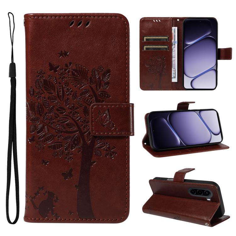 Tree & Cat Embossed Pattern Flip Leather Phone Case, For Realme 16T 5G, For Realme 16 Pro+ 5G Global, For Realme 16 Pro 5G Global, For Realme P4x 5G, For Realme C85 5G/15X 5G India, For Realme C85 Pro 4G, For Realme 15T 5G, For Realme C71 4G India