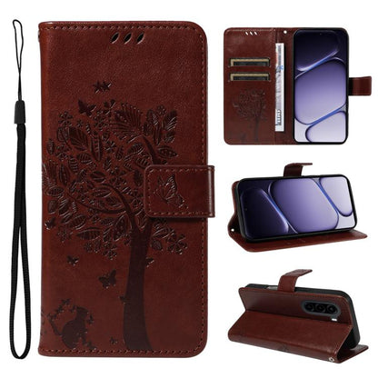 Tree & Cat Embossed Pattern Flip Leather Phone Case, For Realme 16T 5G, For Realme 16 Pro+ 5G Global, For Realme 16 Pro 5G Global, For Realme P4x 5G, For Realme C85 5G/15X 5G India, For Realme C85 Pro 4G, For Realme 15T 5G, For Realme C71 4G India