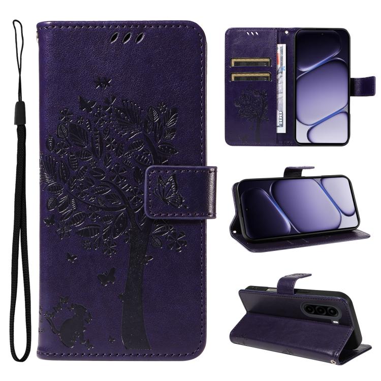 Tree & Cat Embossed Pattern Flip Leather Phone Case, For Realme 16T 5G, For Realme 16 Pro+ 5G Global, For Realme 16 Pro 5G Global, For Realme P4x 5G, For Realme C85 5G/15X 5G India, For Realme C85 Pro 4G, For Realme 15T 5G, For Realme C71 4G India