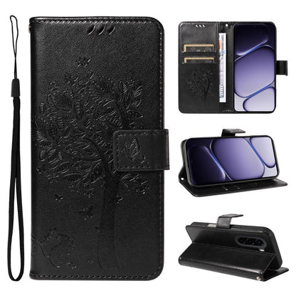 Tree & Cat Embossed Pattern Flip Leather Phone Case, For Realme 16T 5G, For Realme 16 Pro+ 5G Global, For Realme 16 Pro 5G Global, For Realme P4x 5G, For Realme C85 5G/15X 5G India, For Realme C85 Pro 4G, For Realme 15T 5G, For Realme C71 4G India