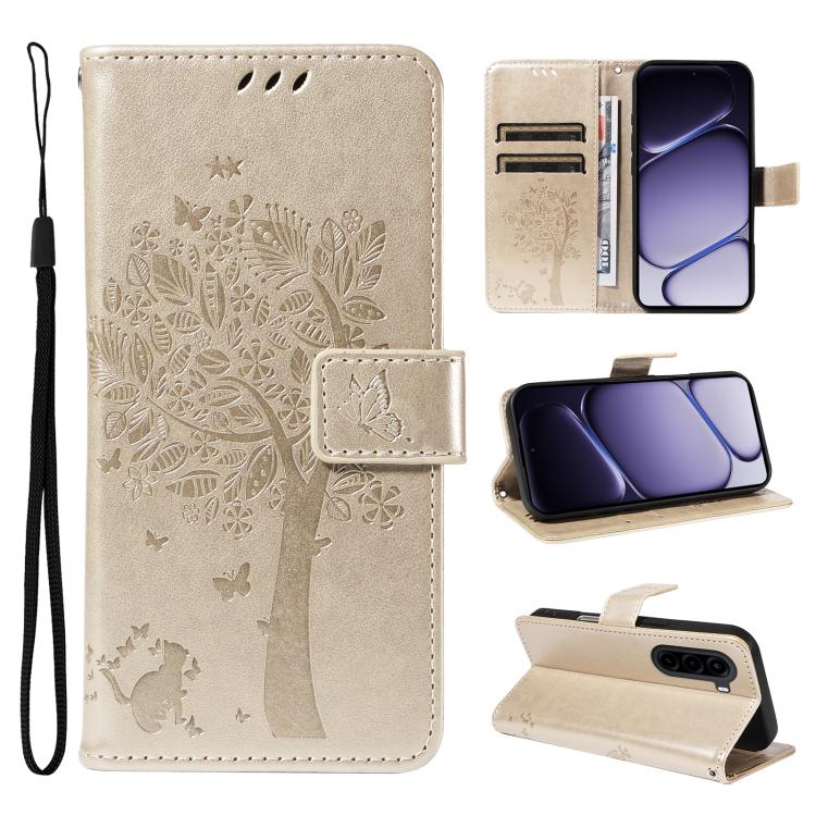 Tree & Cat Embossed Pattern Flip Leather Phone Case, For Realme 16T 5G, For Realme 16 Pro+ 5G Global, For Realme 16 Pro 5G Global, For Realme P4x 5G, For Realme C85 5G/15X 5G India, For Realme C85 Pro 4G, For Realme 15T 5G, For Realme C71 4G India