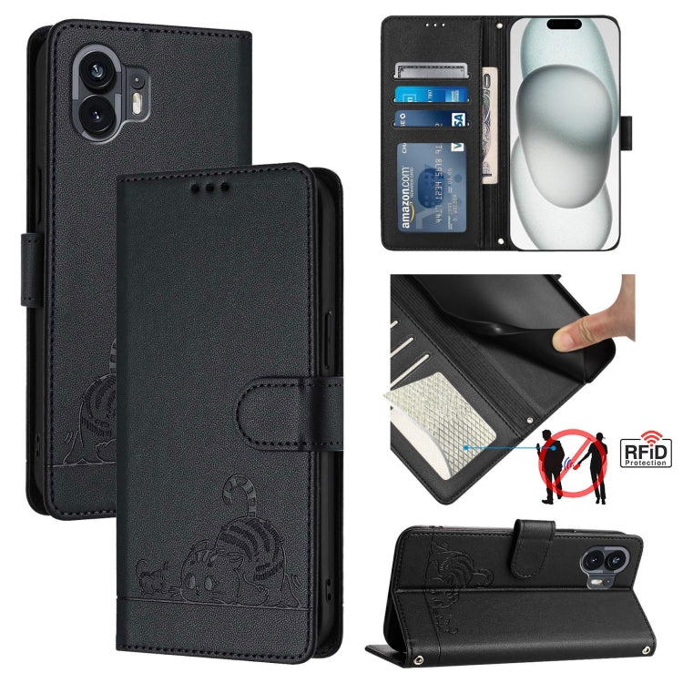 Cat Rat Embossed Pattern RFID Leather Phone Case with Lanyard, For Nothing Phone 4a Pro, For Nothing Phone 4a, For Nothing CMF Phone 1, For Nothing Phone 2A