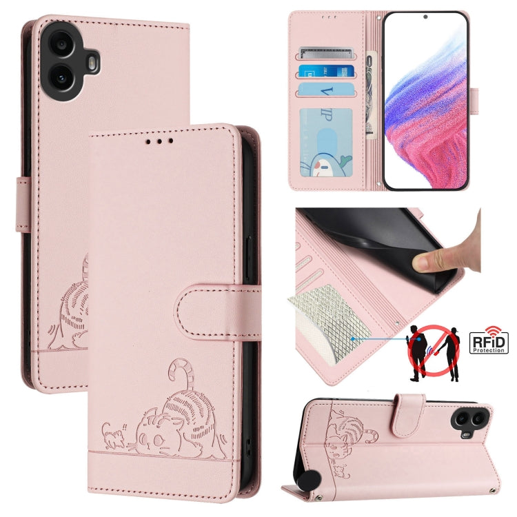 Cat Rat Embossed Pattern RFID Leather Phone Case with Lanyard, For Nothing Phone 4a Pro, For Nothing Phone 4a, For Nothing CMF Phone 1, For Nothing Phone 2A