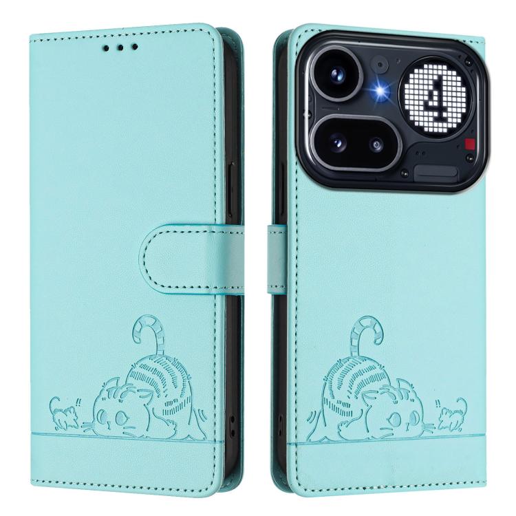 Cat Rat Embossed Pattern RFID Leather Phone Case with Lanyard, For Nothing Phone 4a Pro, For Nothing Phone 4a, For Nothing CMF Phone 1, For Nothing Phone 2A