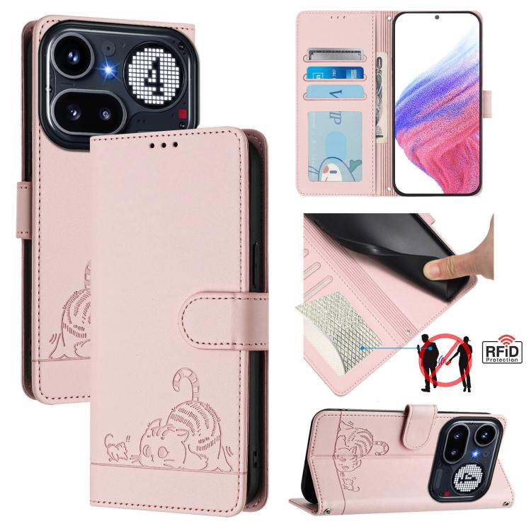 Cat Rat Embossed Pattern RFID Leather Phone Case with Lanyard, For Nothing Phone 4a Pro, For Nothing Phone 4a, For Nothing CMF Phone 1, For Nothing Phone 2A