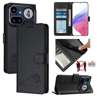Cat Rat Embossed Pattern RFID Leather Phone Case with Lanyard, For Nothing Phone 4a Pro, For Nothing Phone 4a, For Nothing CMF Phone 1, For Nothing Phone 2A