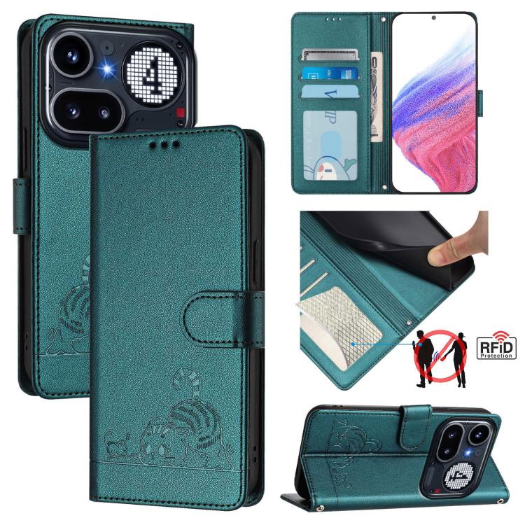 Cat Rat Embossed Pattern RFID Leather Phone Case with Lanyard, For Nothing Phone 4a Pro, For Nothing Phone 4a, For Nothing CMF Phone 1, For Nothing Phone 2A