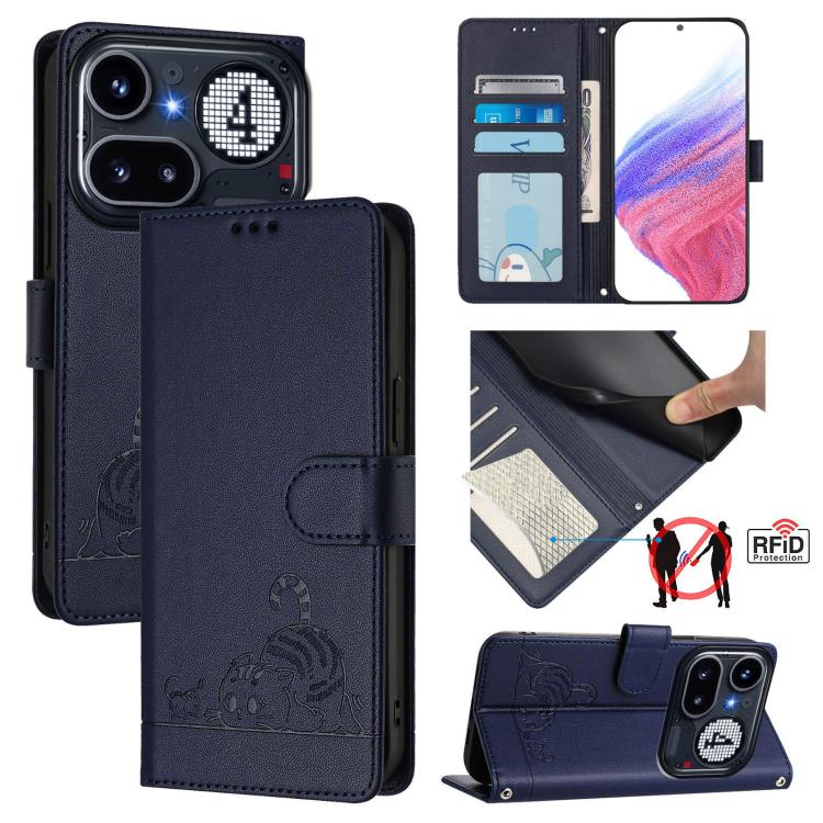 Cat Rat Embossed Pattern RFID Leather Phone Case with Lanyard, For Nothing Phone 4a Pro, For Nothing Phone 4a, For Nothing CMF Phone 1, For Nothing Phone 2A