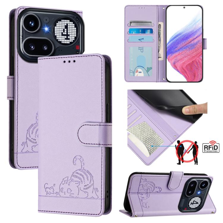 Cat Rat Embossed Pattern RFID Leather Phone Case with Lanyard, For Nothing Phone 4a Pro, For Nothing Phone 4a, For Nothing CMF Phone 1, For Nothing Phone 2A