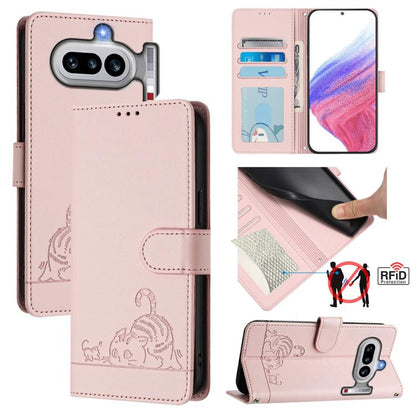 Cat Rat Embossed Pattern RFID Leather Phone Case with Lanyard, For Nothing Phone 4a Pro, For Nothing Phone 4a, For Nothing CMF Phone 1, For Nothing Phone 2A